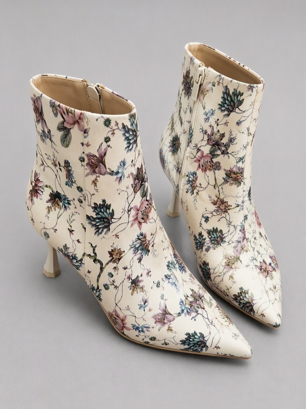ANTONIO MELANI Floral Pointed Ankle Boots in Cream and Multicolor